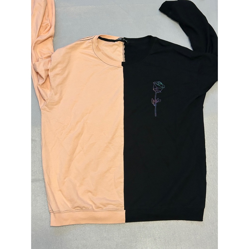 Romwe Mens XL Peach Black Split Two Tone Holographic Rose Sweatshirt